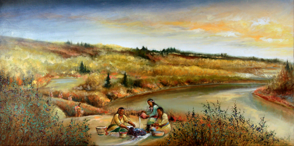 Metis Berry Pickers, 1830s, original oil painting by Richard Dixon